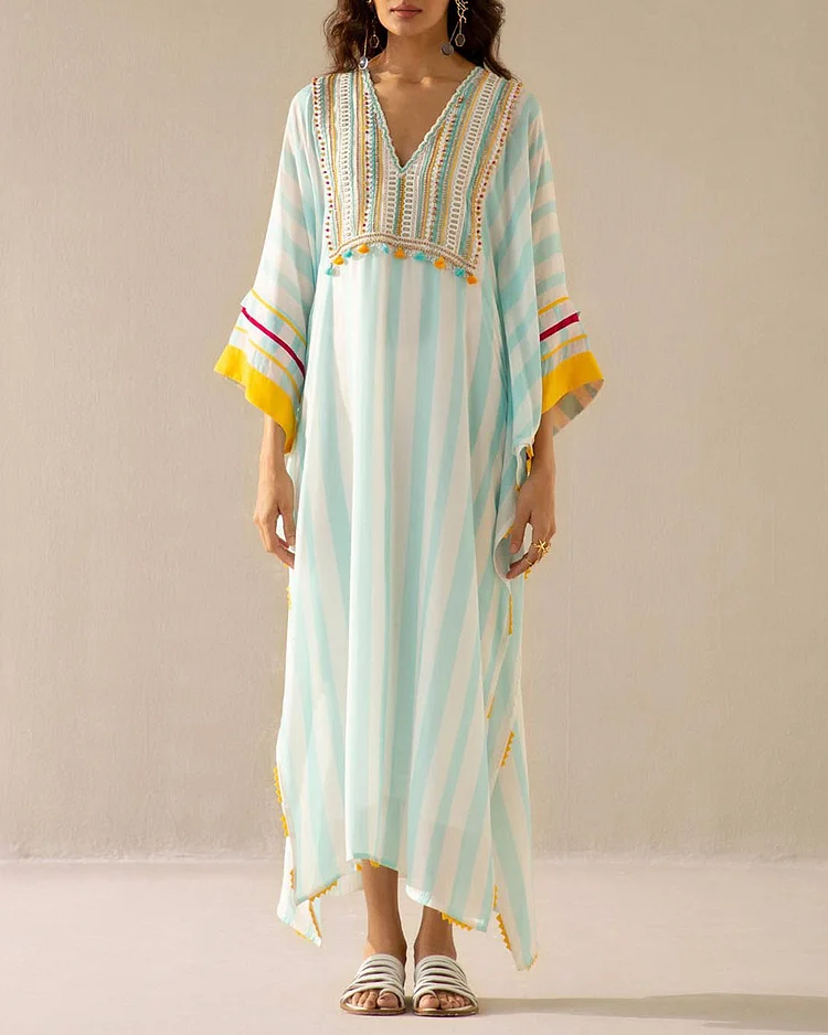 Elegant Stripe Tassel V Neck Kaftan