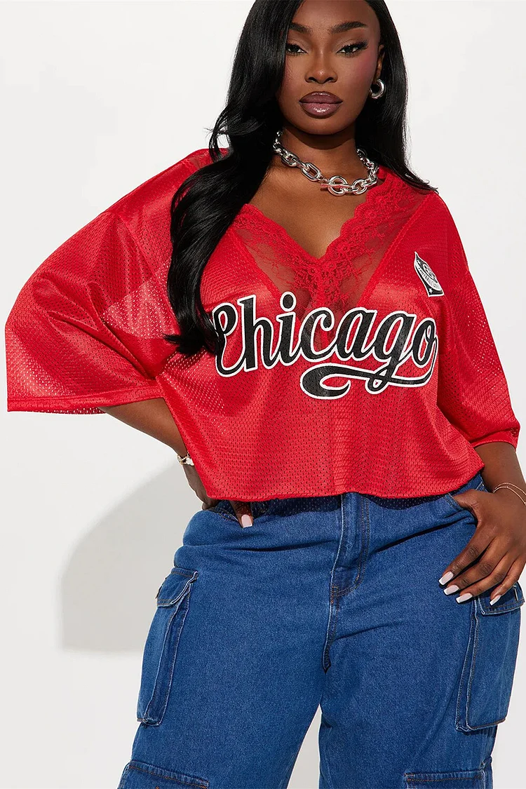 Letter Print Lace Patchwork V Neck Half Sleeve Crop Top-Red