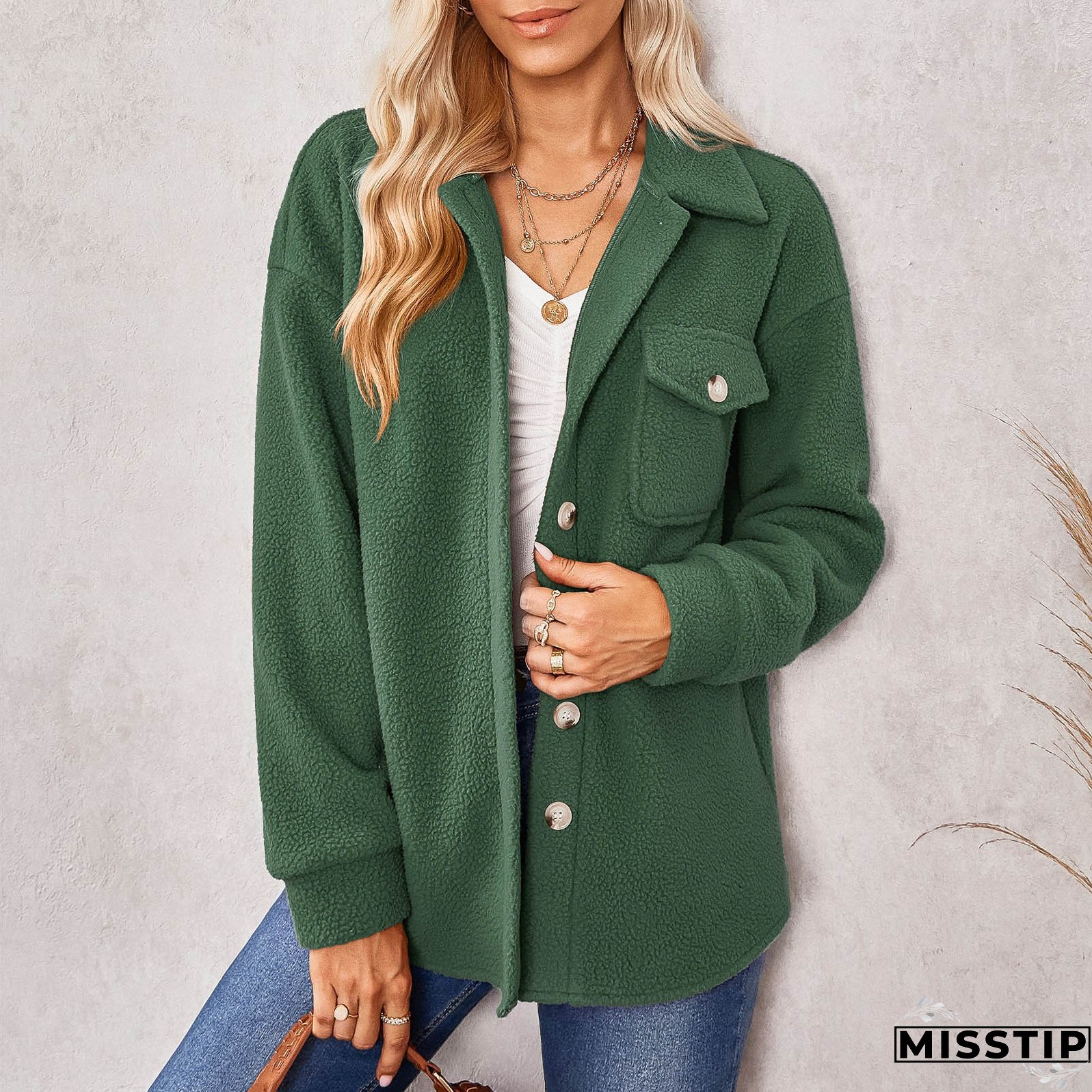 Women Long Sleeve Solid Color Pocket Fashion Casual Button Jacket