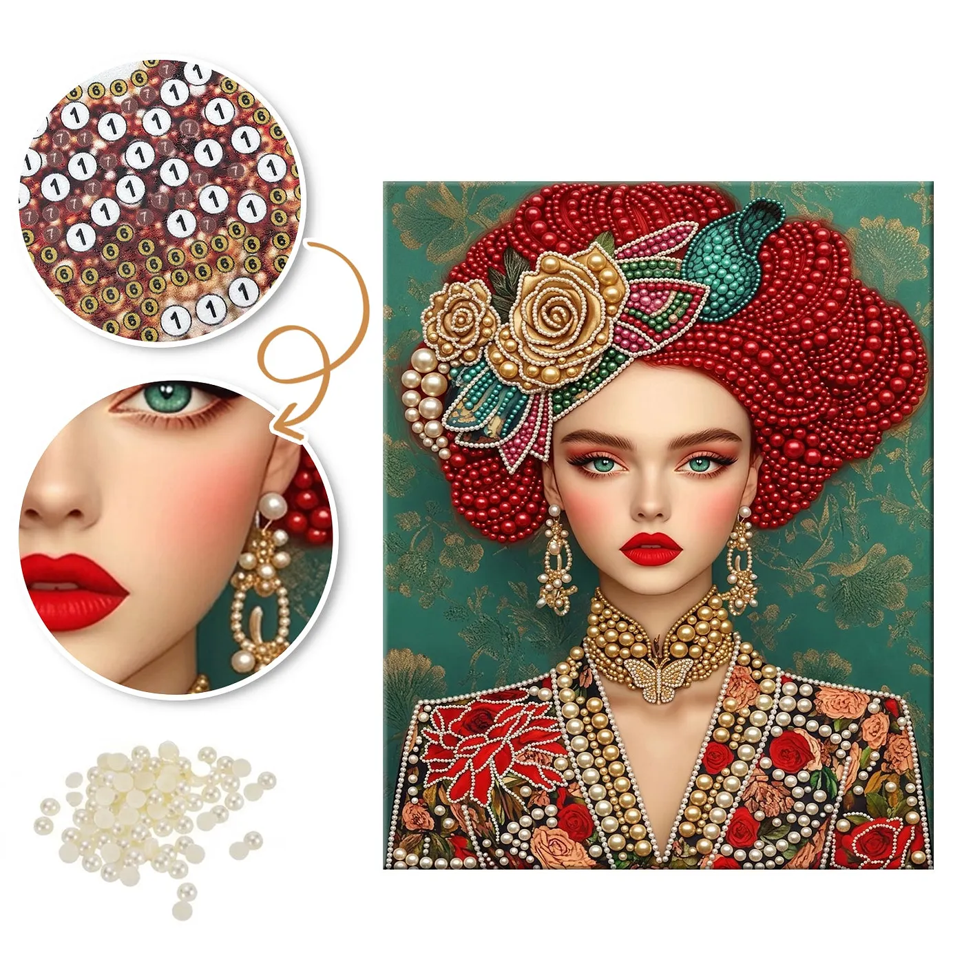 Gold Rose Red Hair Woman - Pearls Painting