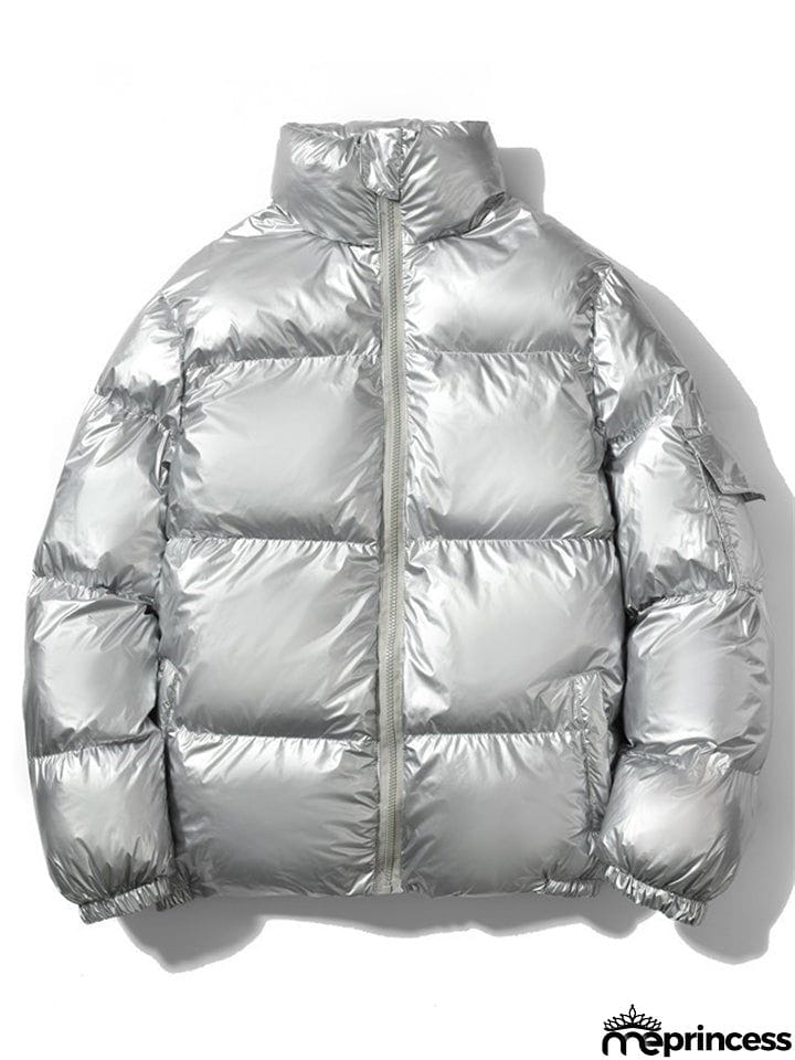 Trendy Casual Solid Zipper Stand Collar Loose Shiny Reflective Coats