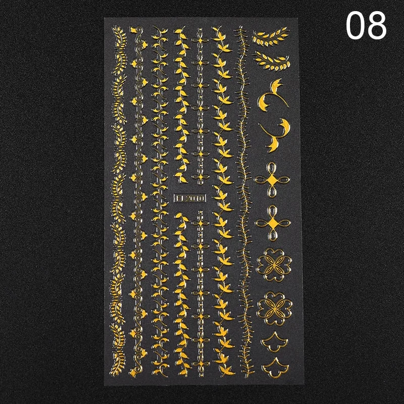 1PC Gold Black White Linear Nail Sticker Mix Pattern Transfer Various 3D Adhesive Decals Nail Decoration DIY Design