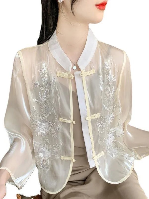 Athvotar Athvotar Chinese Sunscreen Shirt Women 2025 Summer New Hit Color National Wind Top With Sling Belt Thin External Air Conditioning Open Shirt