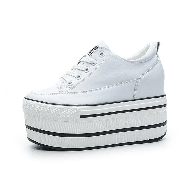 Fujin Super High Thick Heel Platform Flats Women Casual Shoes Genuine Leather Soft High Quality Casual Shoe Sneakers White Black