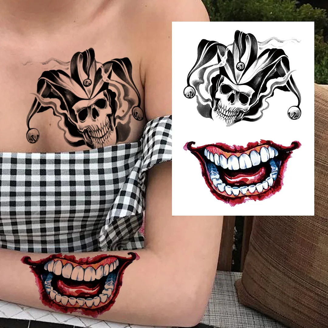 Sdrawing Mouth Skeleton Temporary Tattoos For Women Men Child Boys Halloween Fake Clown Tattoo Sticker Owl Skull Demon Tatoo Body Arm