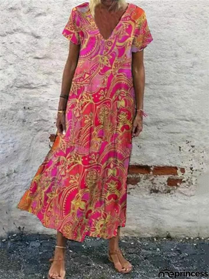 Relaxed Fit V Neck Floral Printed Short Sleeve Pullover Dress