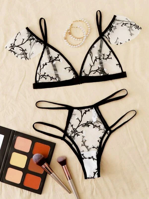 Floral Embroidery Mesh Lingerie Set