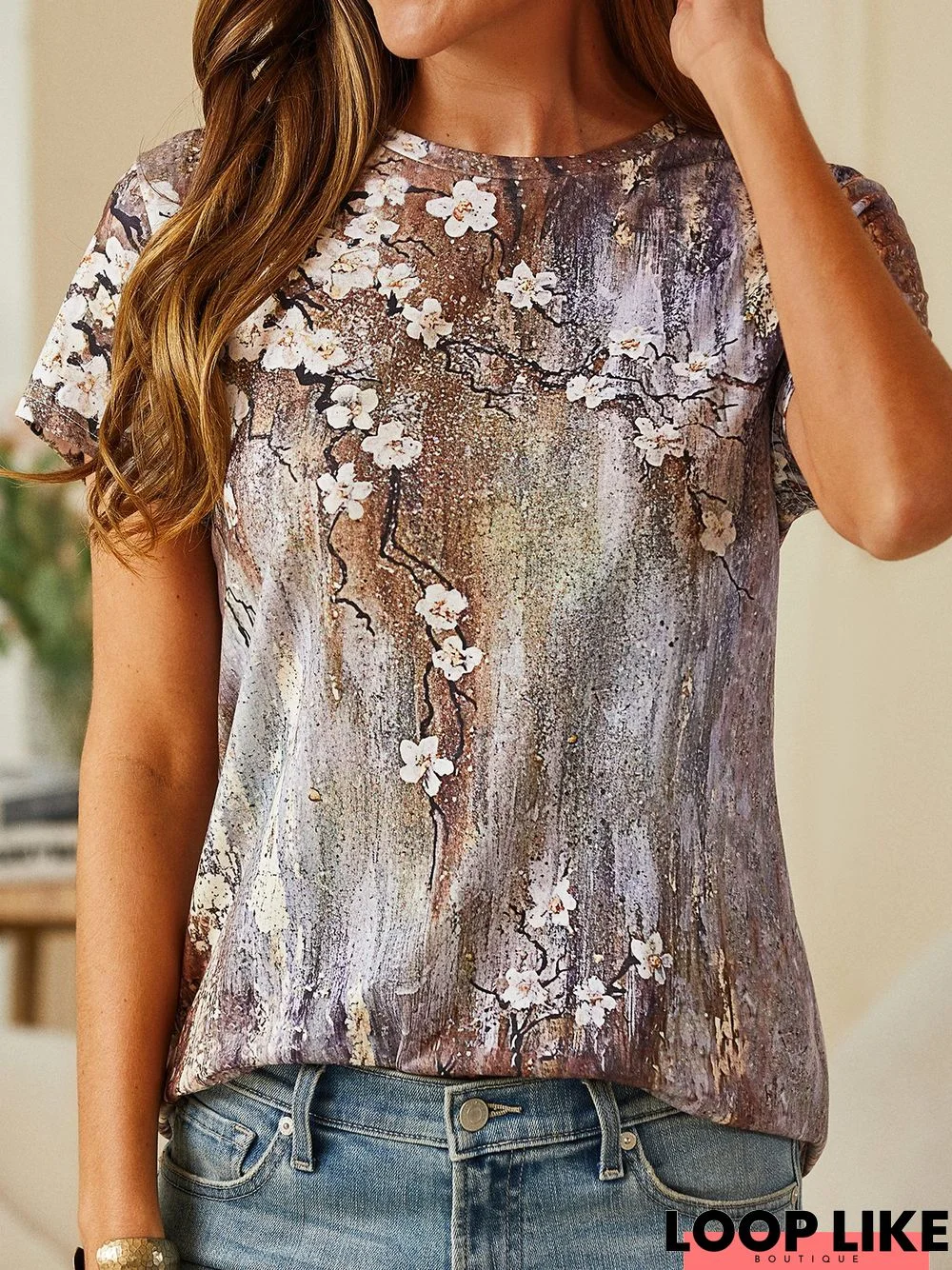 Casual Crew Neck Floral Short Sleeve T-Shirt