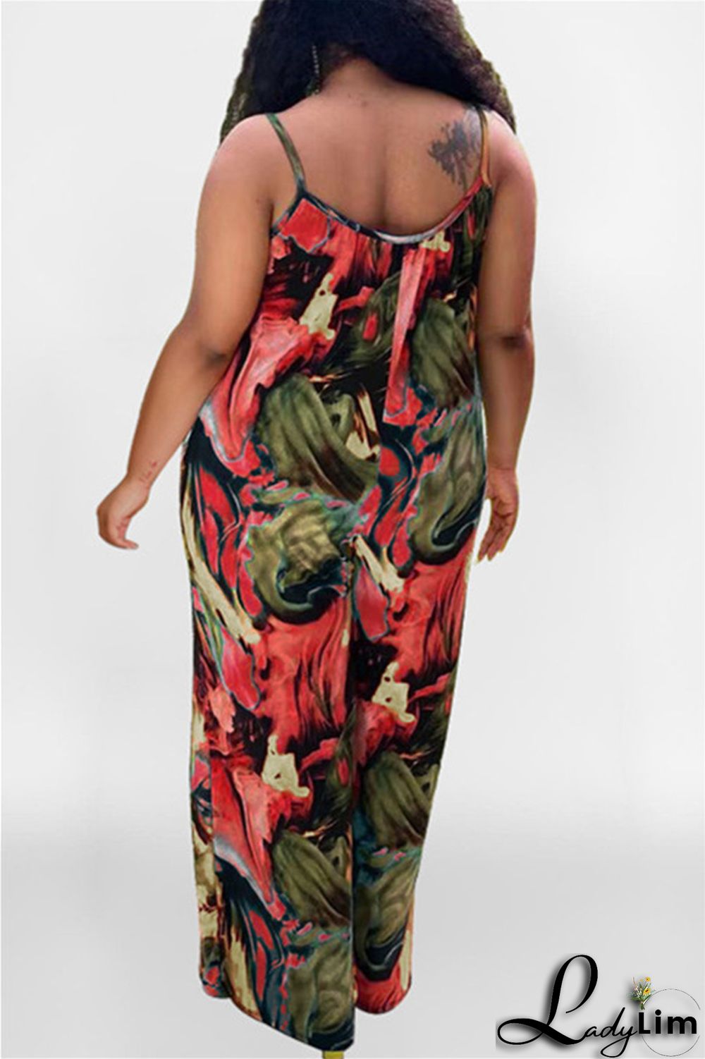 Coffee Sexy Casual Print Backless Spaghetti Strap Plus Size Jumpsuits