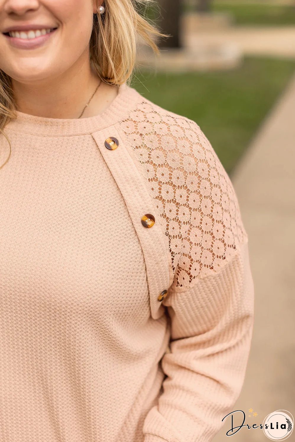 Beige Plus Size Lace Patchwork Buttons Waffle Knit Top