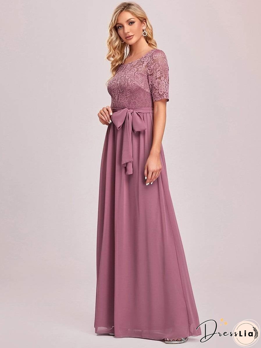 Sophisticated Lace Bodice Chiffon Maxi Evening Gown with Belt for Elegant Occasions