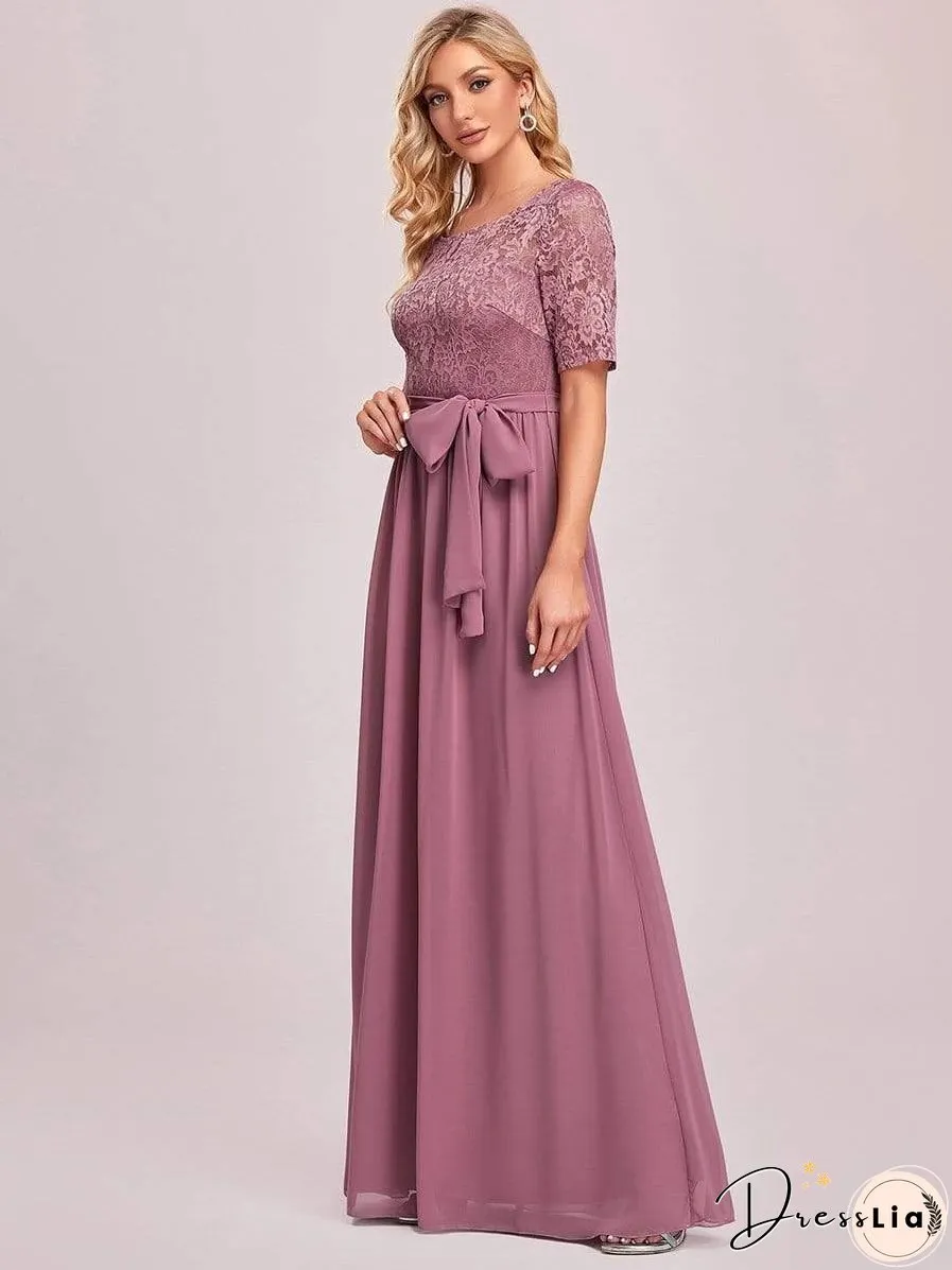 Sophisticated Lace Bodice Chiffon Maxi Evening Gown with Belt for Elegant Occasions
