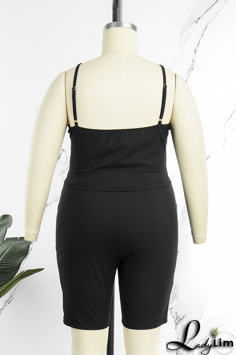 Black Sexy Casual Solid Backless Spaghetti Strap Plus Size Two Pieces