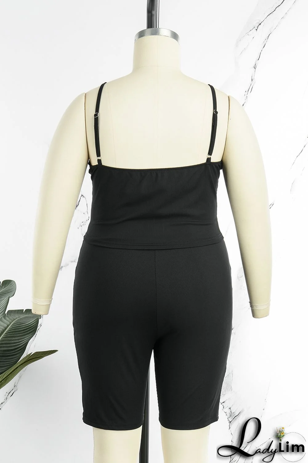 Black Sexy Casual Solid Backless Spaghetti Strap Plus Size Two Pieces