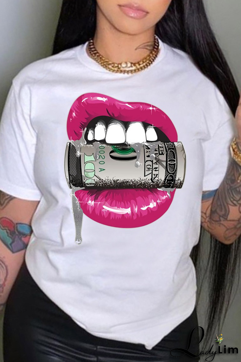 Black Fashion Casual Lips Printed Patchwork O Neck T-Shirts