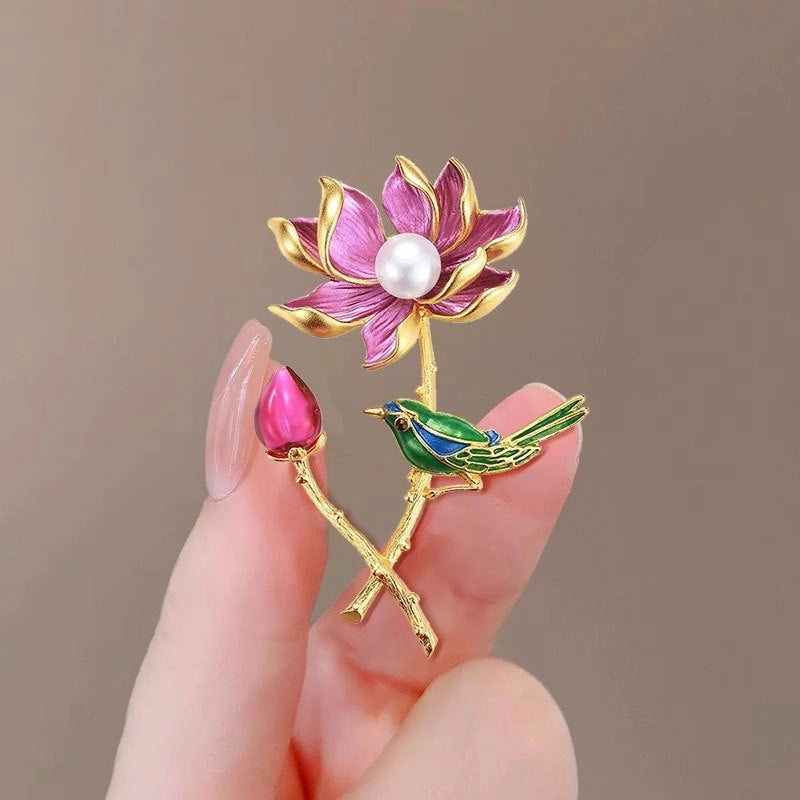 Chinese Style Magpie Lotus Brooch Women’s High-end Retro Exquisite Cheongsam Hanfu Corsage Q & A Coat Pin Accessories