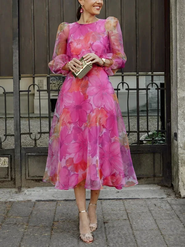 Puff Sleeve Temperament Chiffon Printed Women's Dress