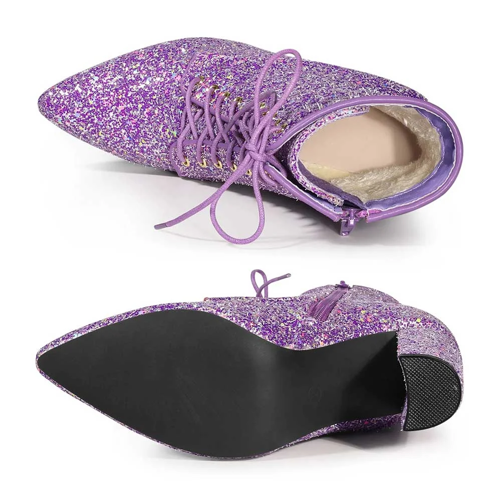 Women's Purple Pointed Toe Lace Up Side Zipper Glitter Heeled Booties