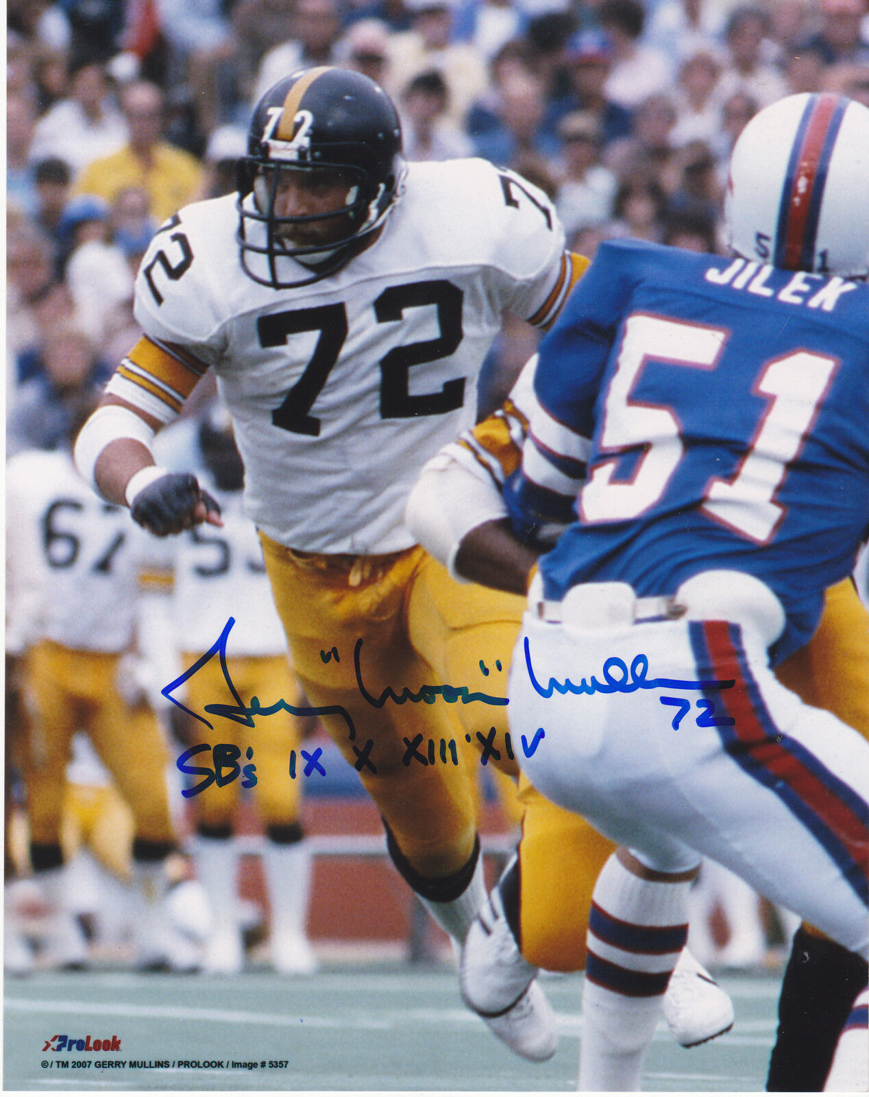 GERRY MULLINS PITTSBURGH STEELERS SB IX, X, XIIIX, XIV ACTION SIGNED 8x10