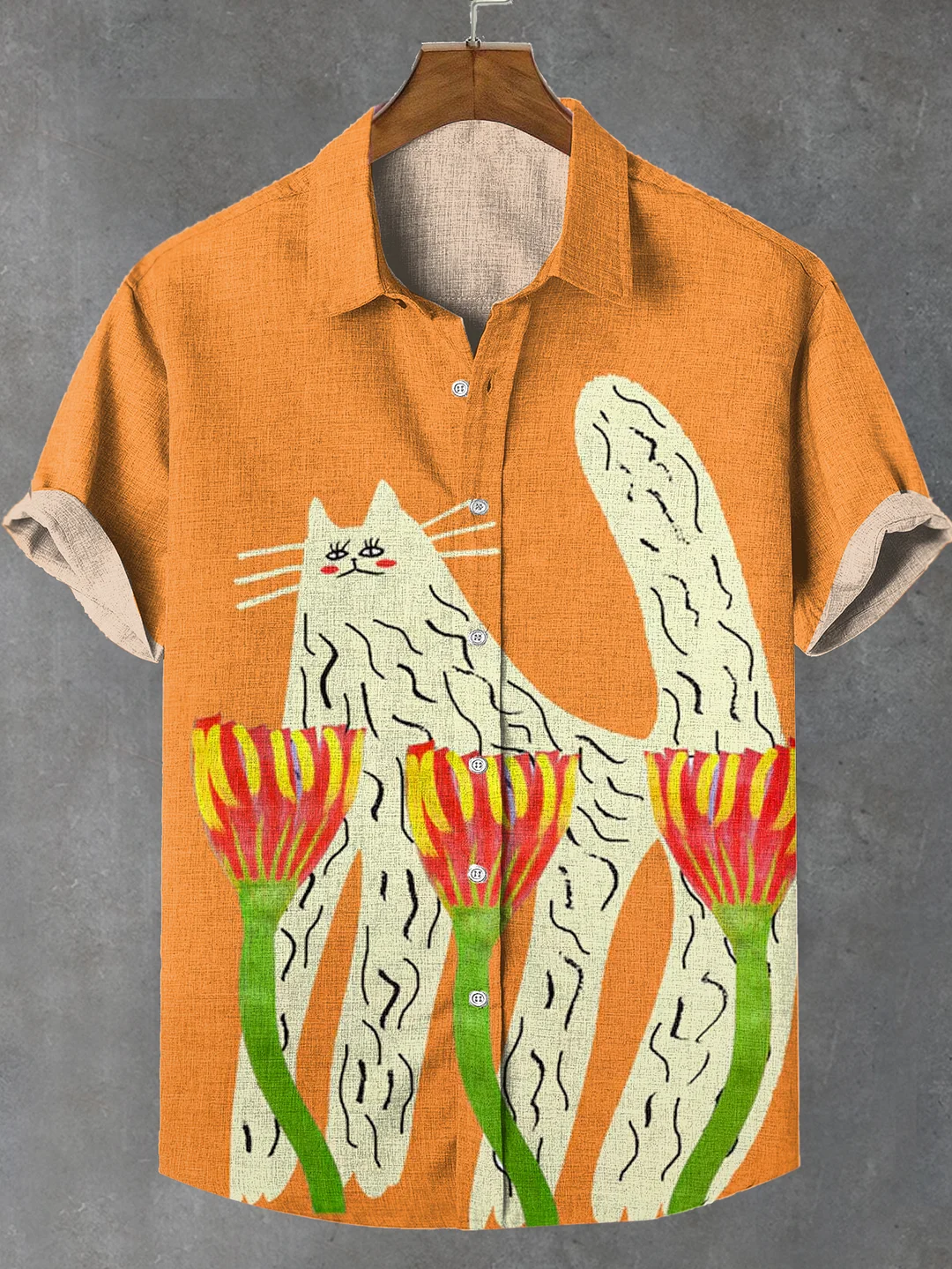 Men's Boho Abstract Cat Art Print Linen Blend Shirt