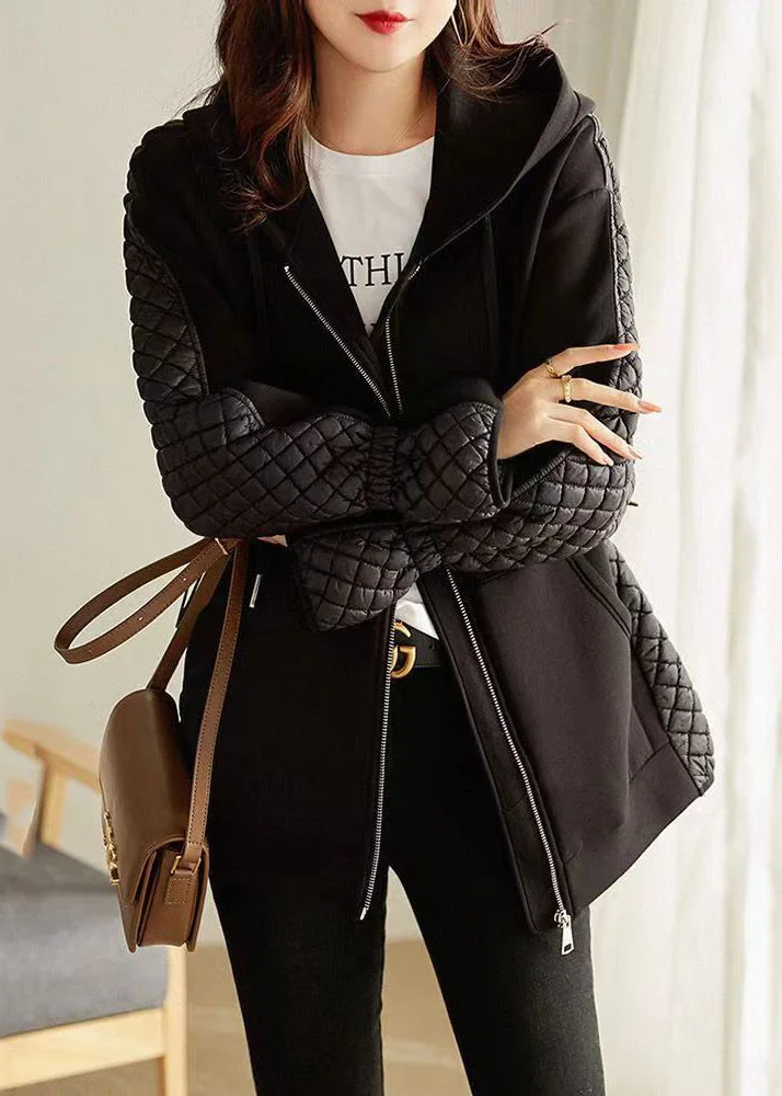 New Black Hooded Zippered Patchwork Thin Cotton Coat Winter