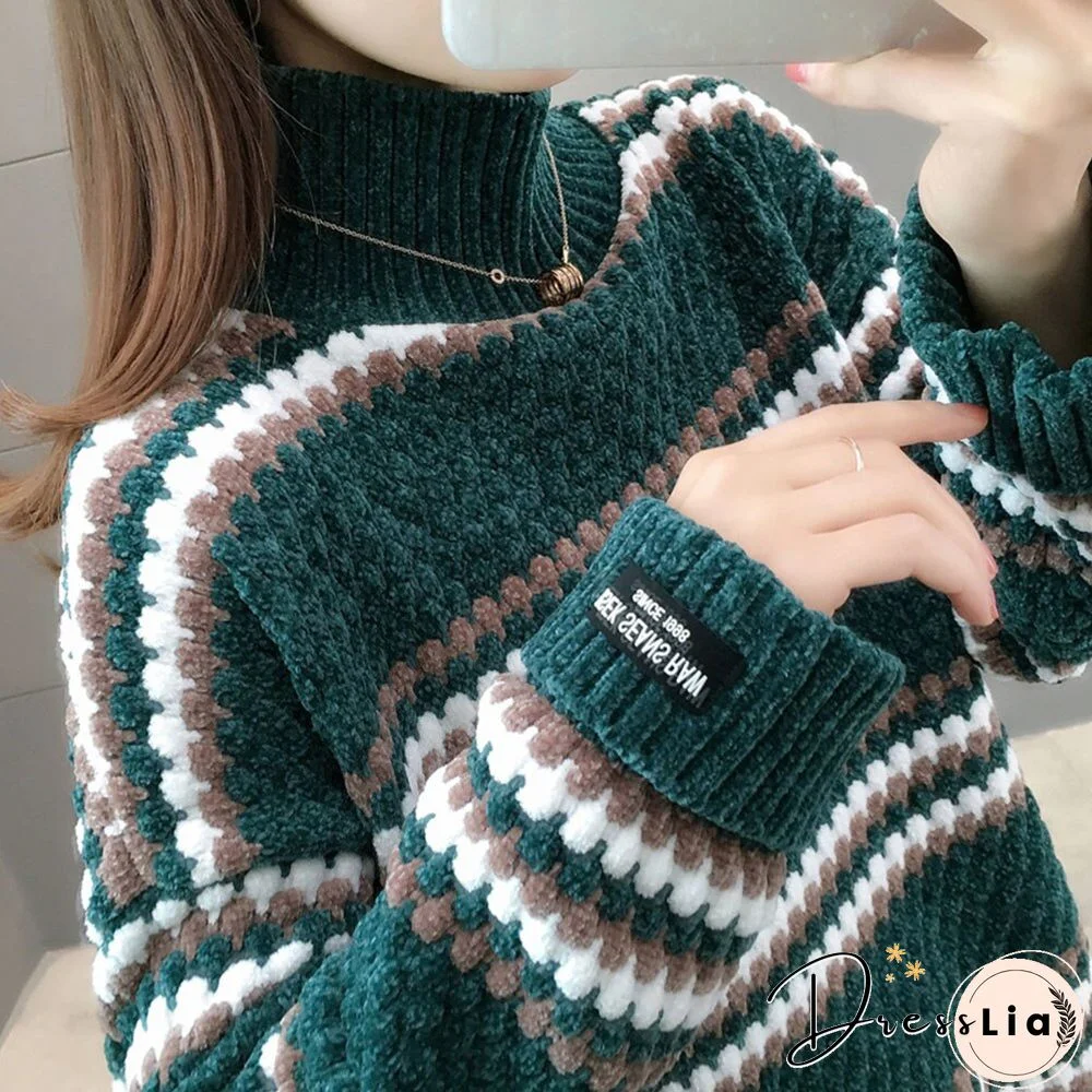 Warm Sweater Women's Velvet Full-sleeve Sweater Winter Solid Color Ladies High-neck Loose Women's Pullover