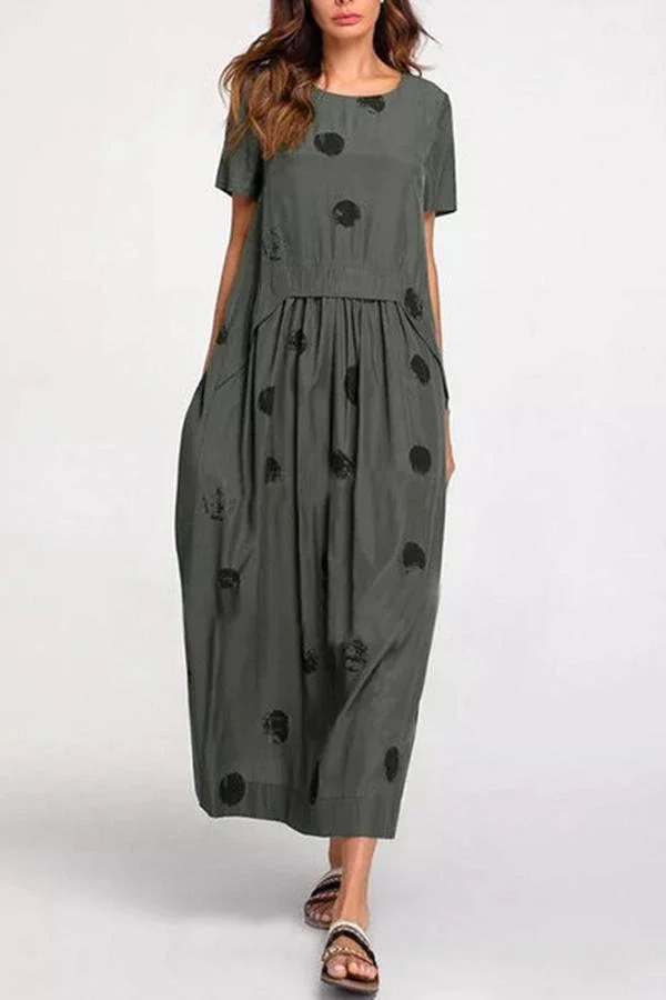 Polka Dots Print Paneled Pleated Casual Midi Dress