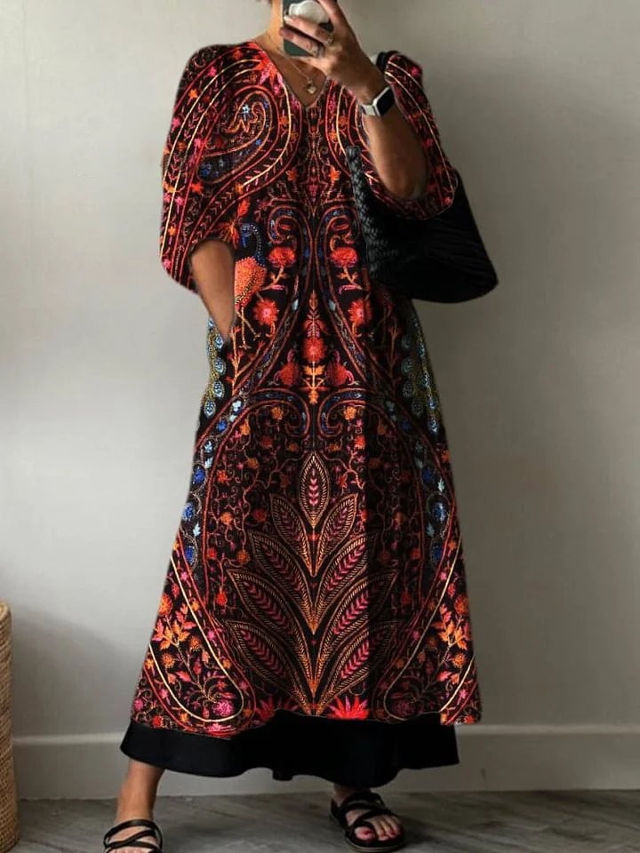 Women's  Retro Floral Print Pocket V-neck Cotton Dress