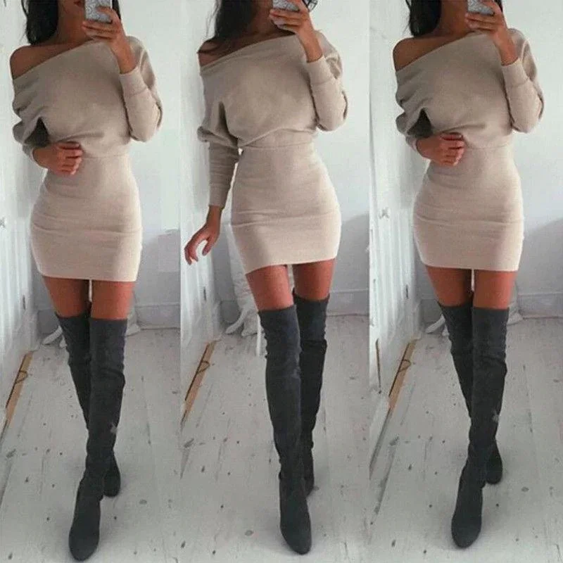 Off Shoulder Long Sleeve Cocktail Party Bodycon Casual Short Mini Cotton Dress