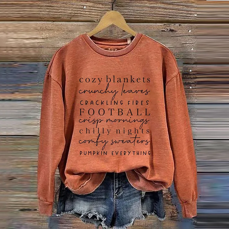 VChics Cozy Blankets Crunchy Leaves Crackling Fires Football Print Crew Neck Long Sleeve Sweatshirt