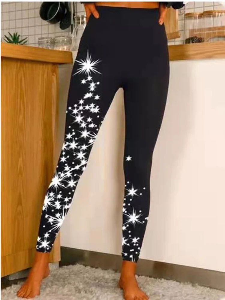 Women Elastic Waist Christmas Tree Vacation Pants