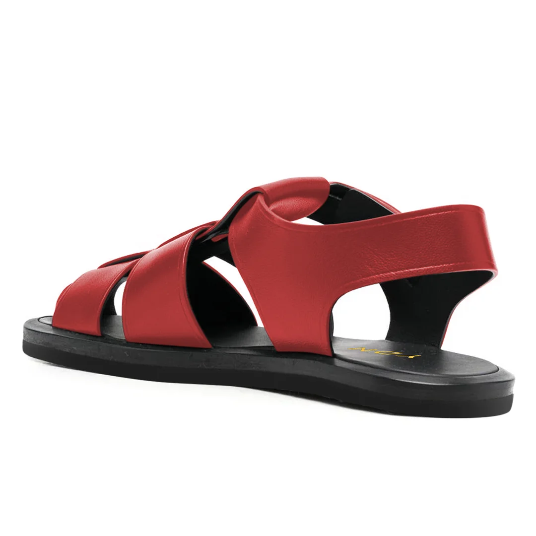 Red Vegan Leather Sophisticated Round Toe Cage Flat Comfy Sandals
