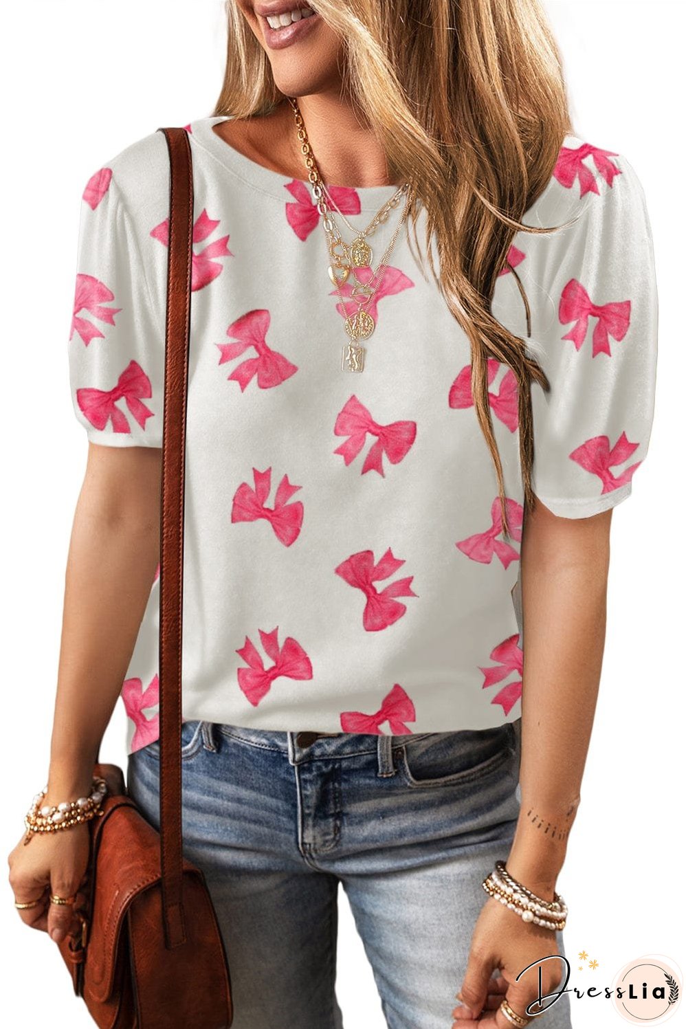 Chic White Floral Print Puff Sleeve T-Shirt