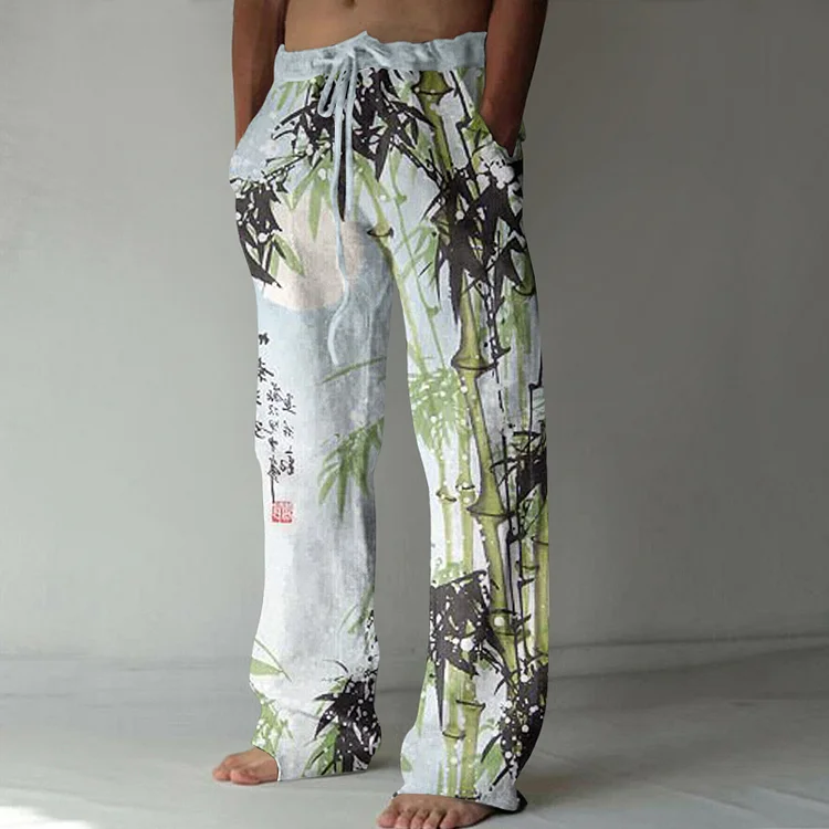 Vintage Japanese Simple Bamboo Art Linen Blend Casual Pants