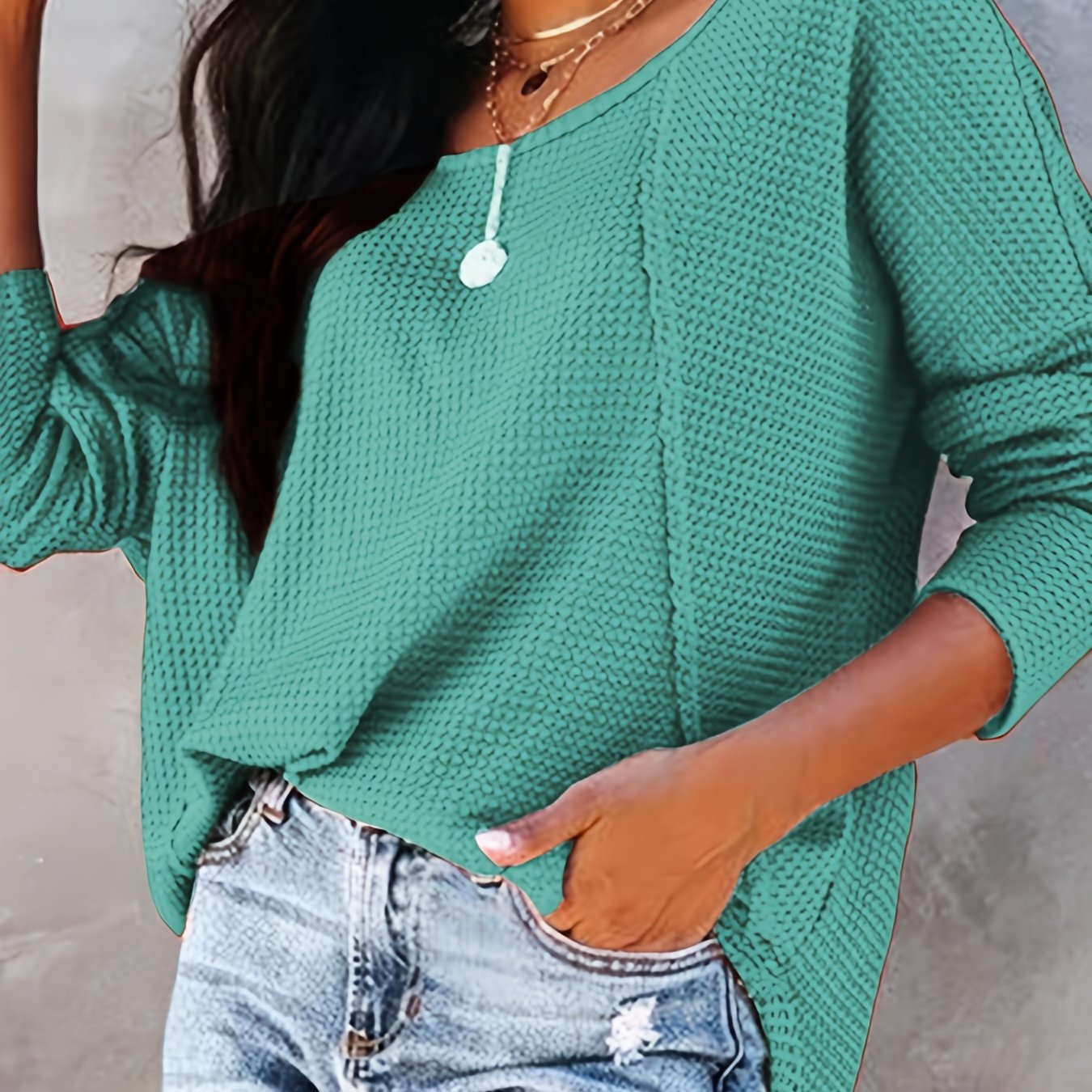 Solid Waffle Knitted Top, Long Sleeve Casual Every Day Top For Fall And Spring, Women's Clothing