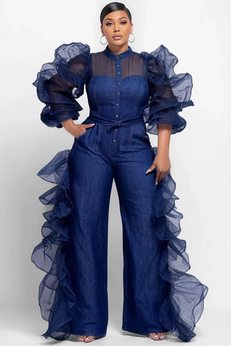 Xpluswear Design Plus Size Party Blue Round Neck Puff Sleeve 3/4 Sleeve Ruffle See Through Organza Tencel Denim Jumpsuits [Pre-Order]