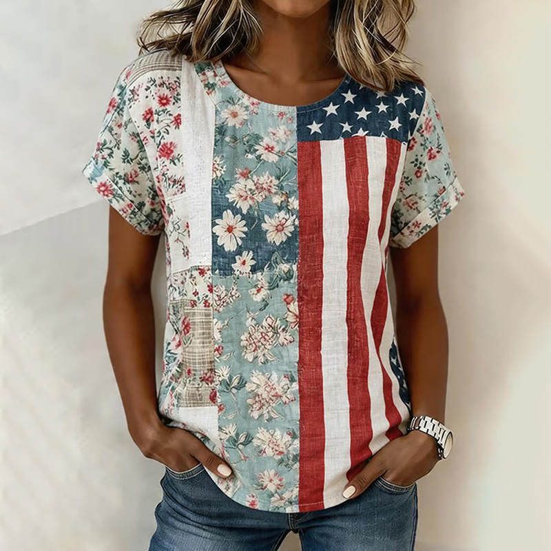  Women's Vintage Usa Inspired Patchwork Floral T-shirt Westsshops