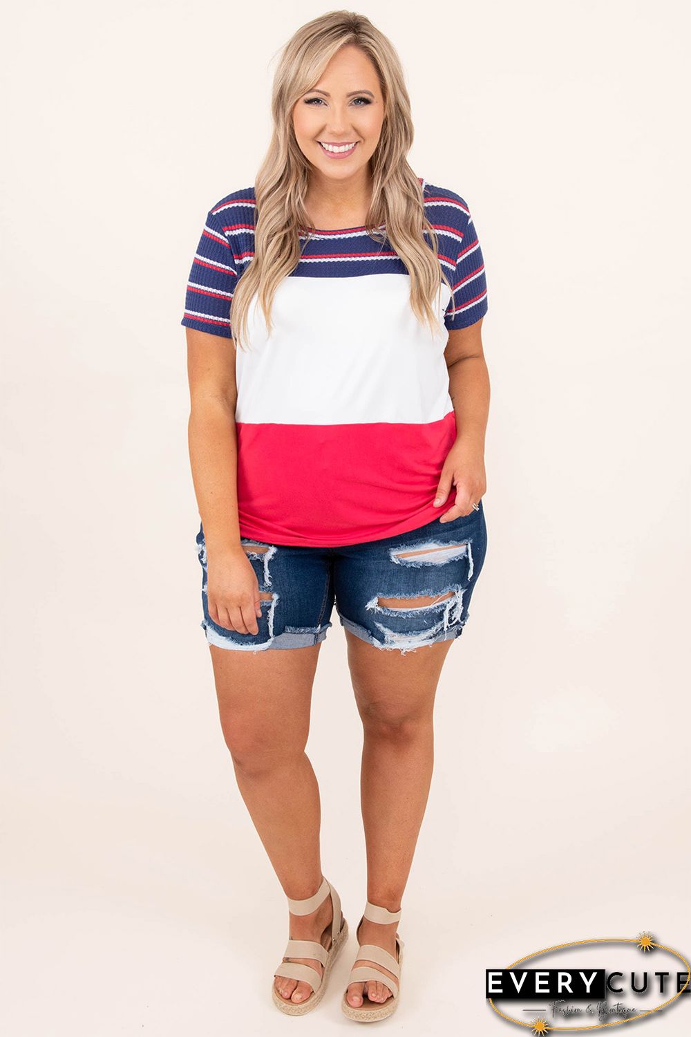 Blue Plus Size Rolled Hem Distressed Denim Shorts