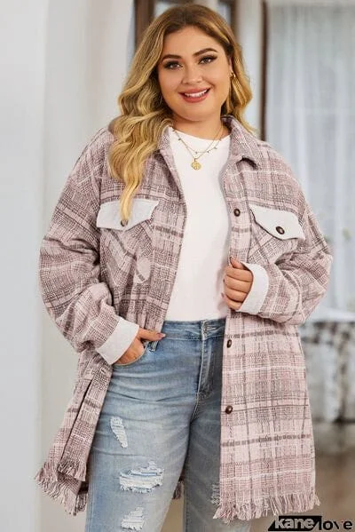 Plus Size Plaid Button Up Dropped Shoulder Outerwear