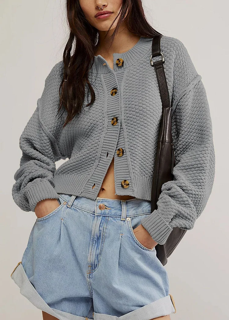 Style Grey O Neck Button Knit Loose Cardigans Fall