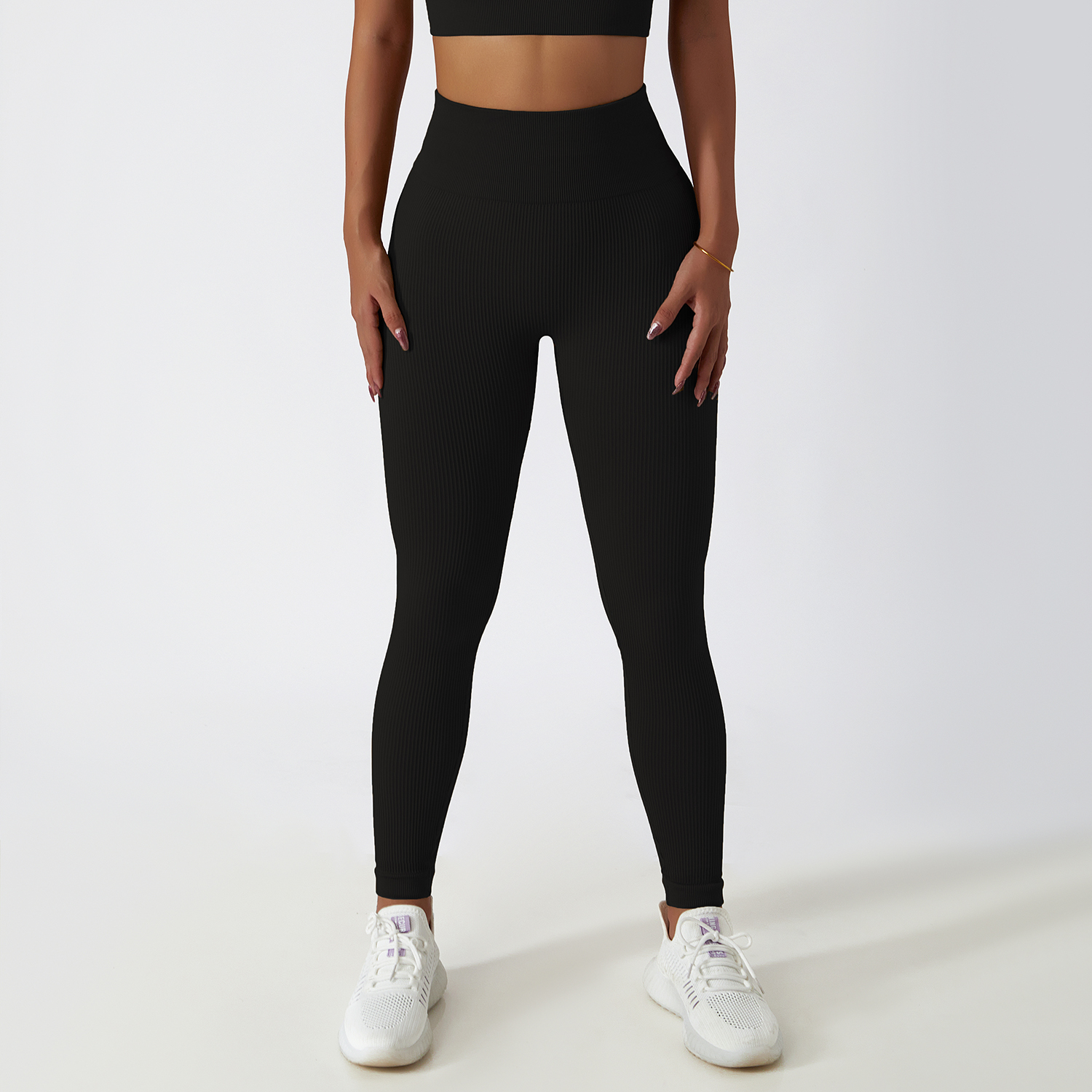 Buy Hergymclothing Black tummy control super stretchy high rise ribbed seamless workout yoga leggings without front seam at an affordable price