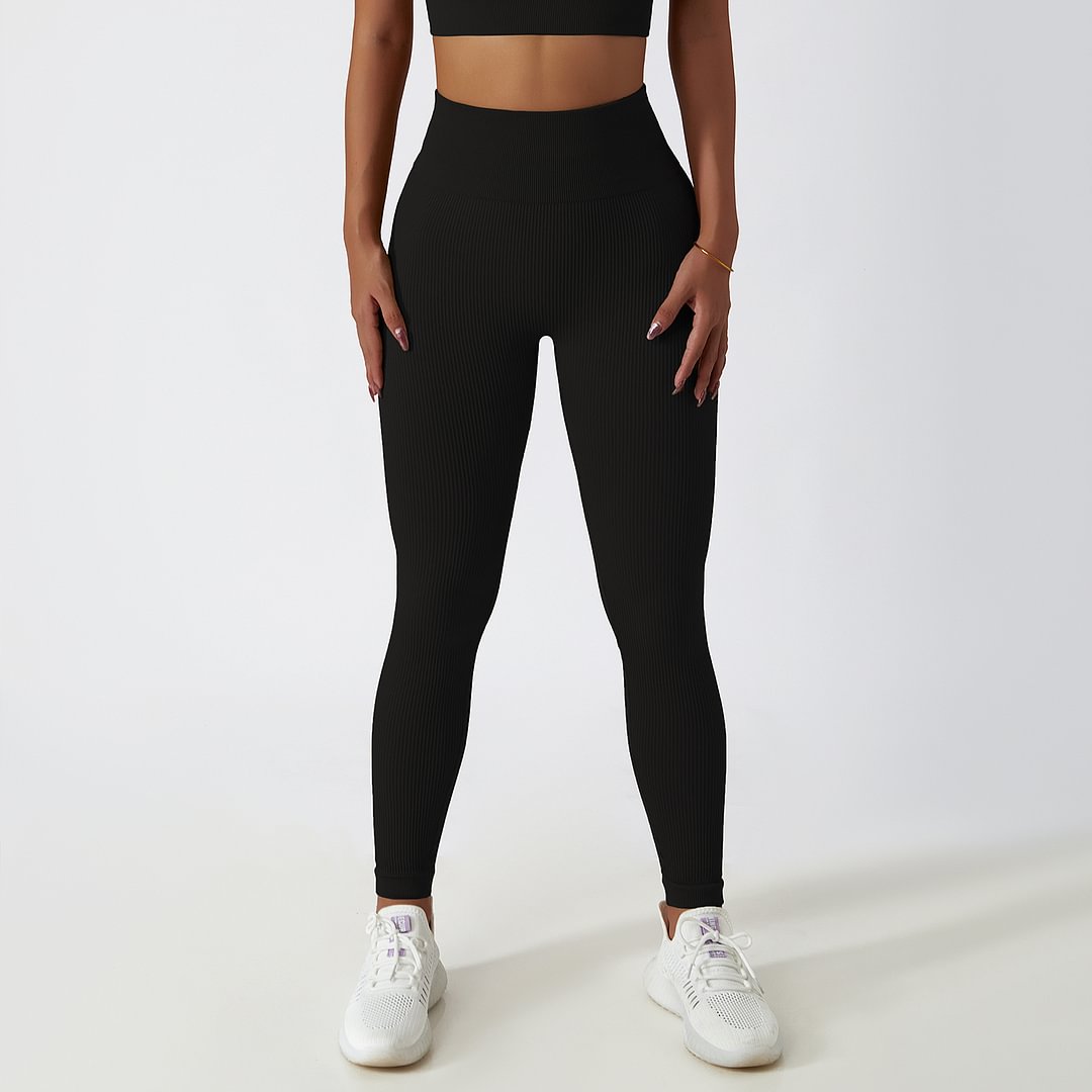 Buy Hergymclothing Black tummy control super stretchy high rise ribbed seamless workout yoga leggings without front seam at an affordable price