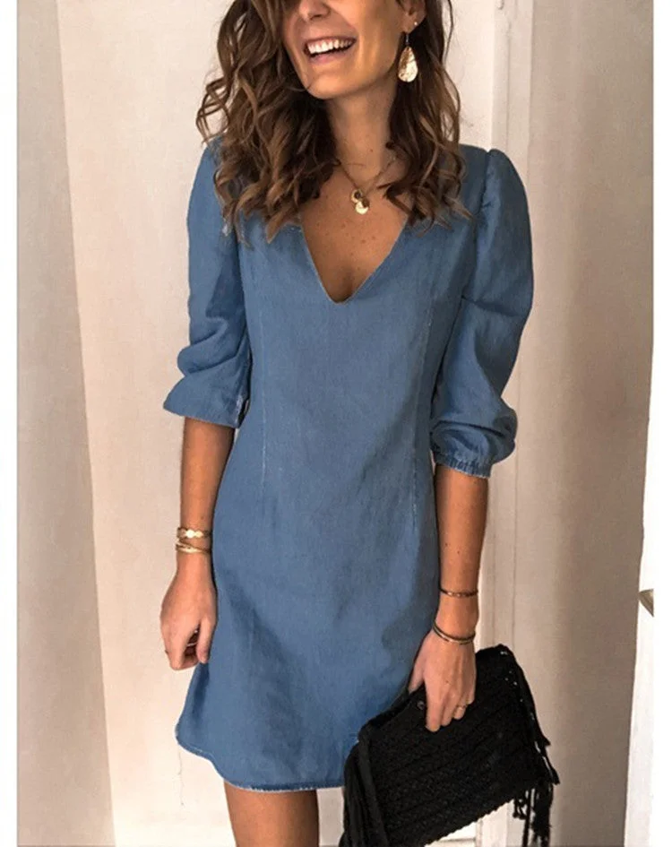 Brownm Regular Sleeve Deep V-neck Sexy Solid Color Versatile Casual Dress