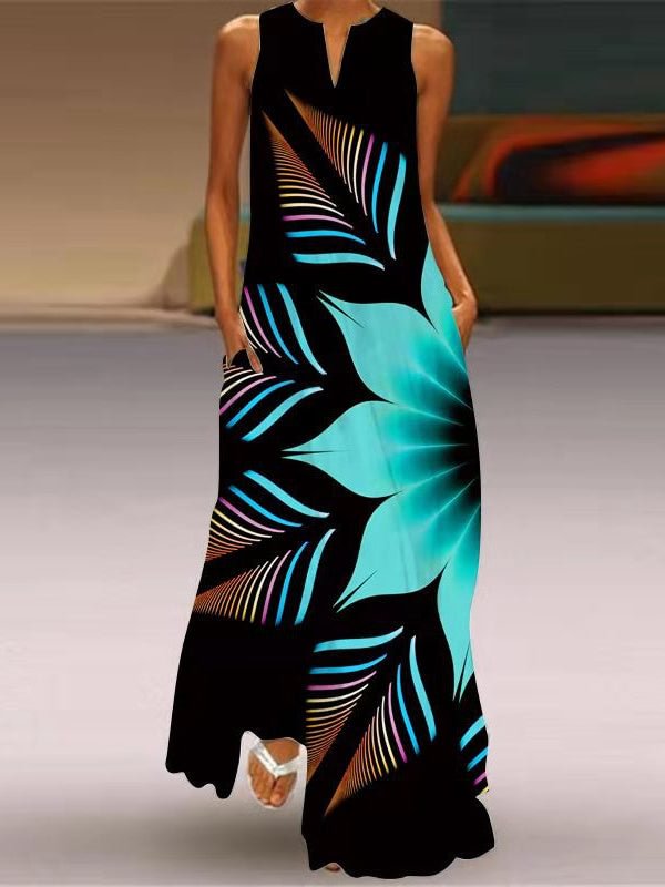 Women's Sleeveless V-neck Graphic Printed Maxi Dress