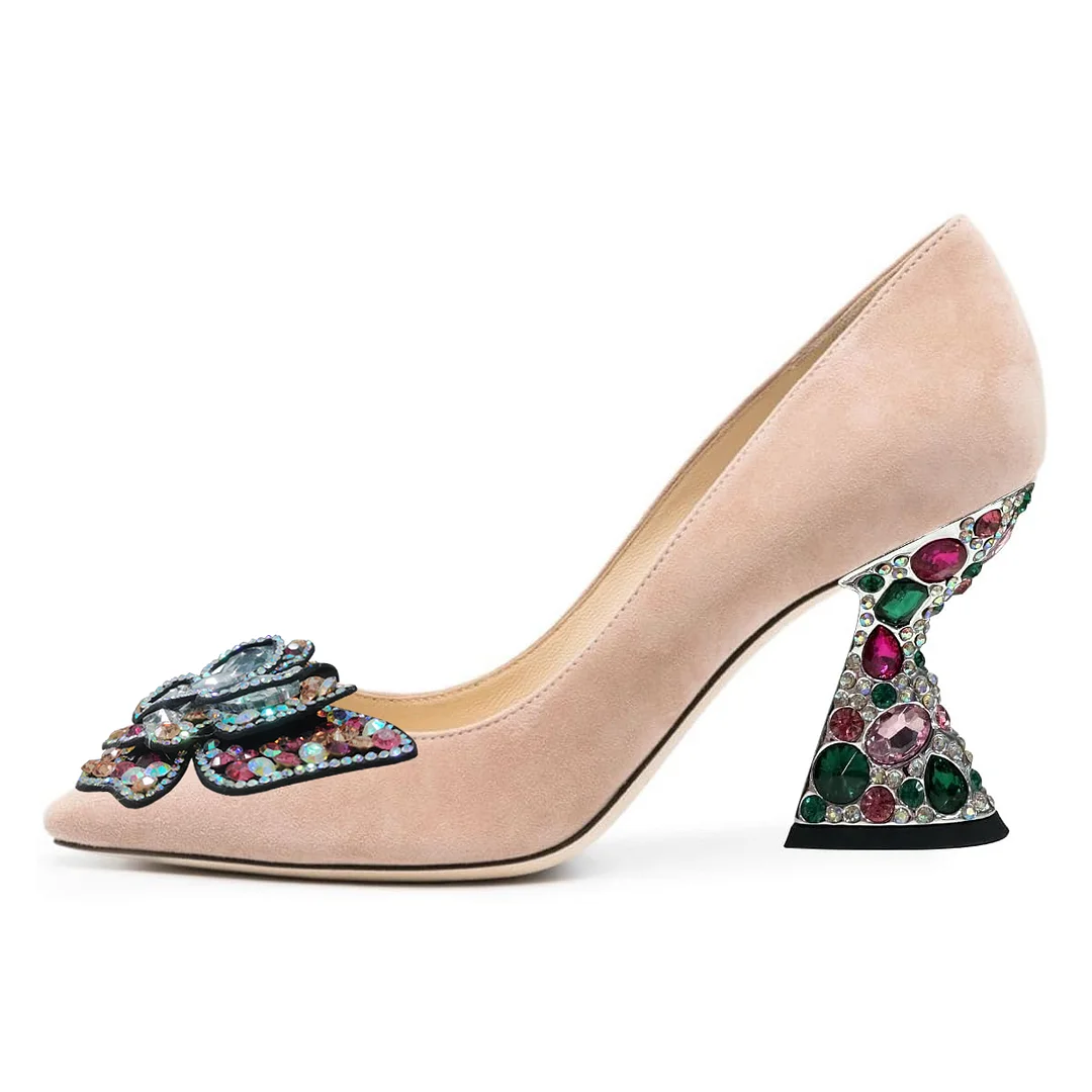 Faux Suede Nude Pumps with Colorful Rhinestone Butterfly Inlay 