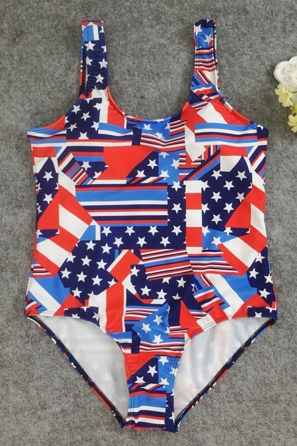 Blue Scoop Neck Striped Stars Patriotic American Flag Print Backless Sexy One Piece Swimsuit - Shop Trendy Women's Clothing | LoverChic