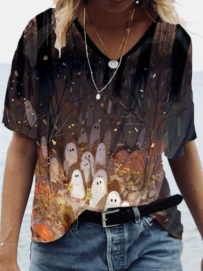 Women's Halloween Cute Ghost Print V-Neck T-Shirt