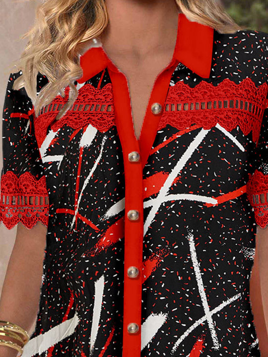 Women Short Sleeve V-neck Polka Dot Printed Graphic Lace Hollow Stitching Button Tops