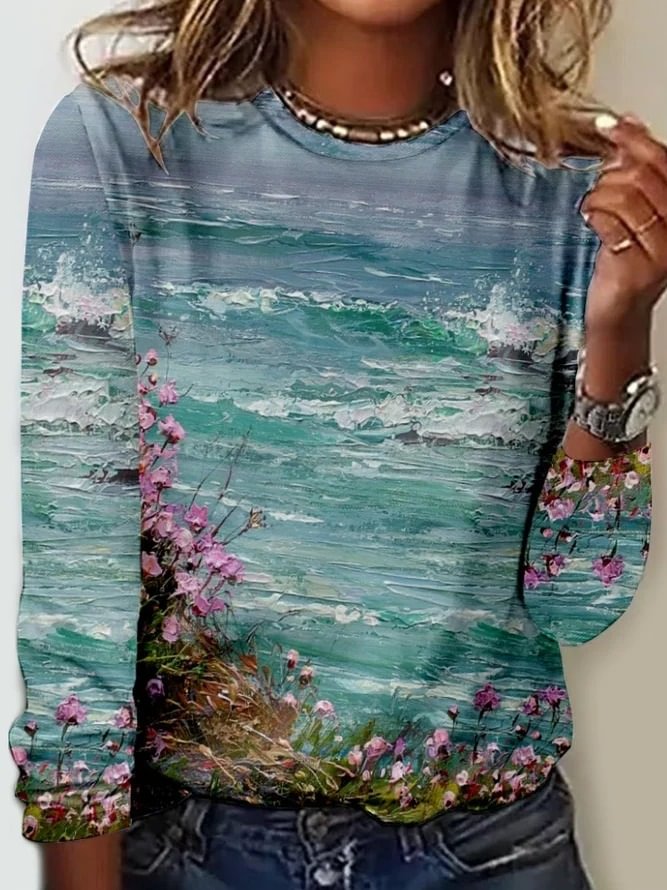 Women's Flower Art Paiting Print Casual Crew Neck Shirt