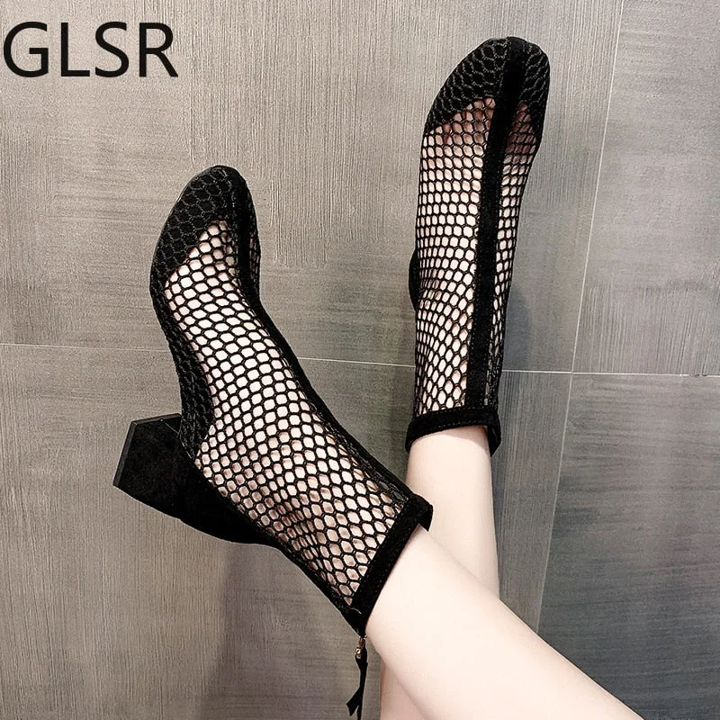 Graduation Gifts  2023 New Air Mesh Net Bling Women Shoes Summer Ankle Boots Thin High Heels  Sandal Chelsea Boots Female Dropship Pumps